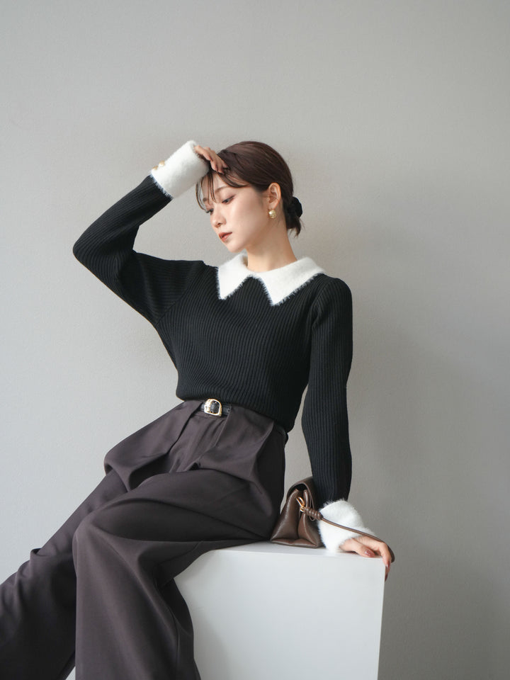 [SET]シャギー襟リブニットトップス+ベルトループデザインワイドパンツ(2set)