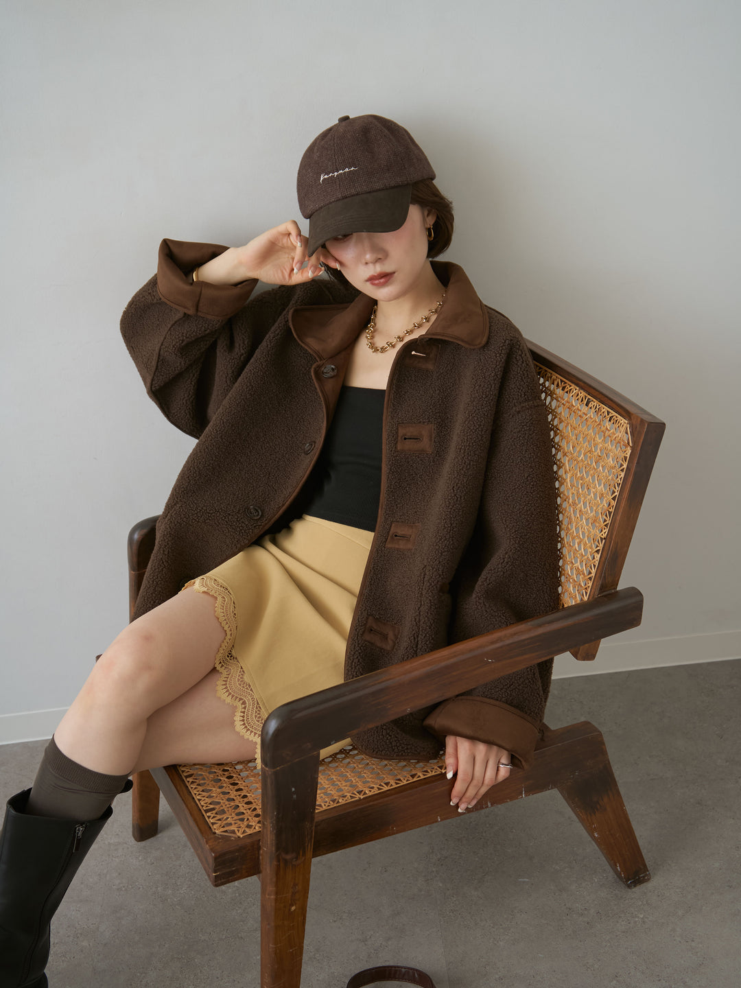 [SET]スエード×ボアムートンリバーシブルジャケット+レースヘムレザーライクミニスカート(2set)