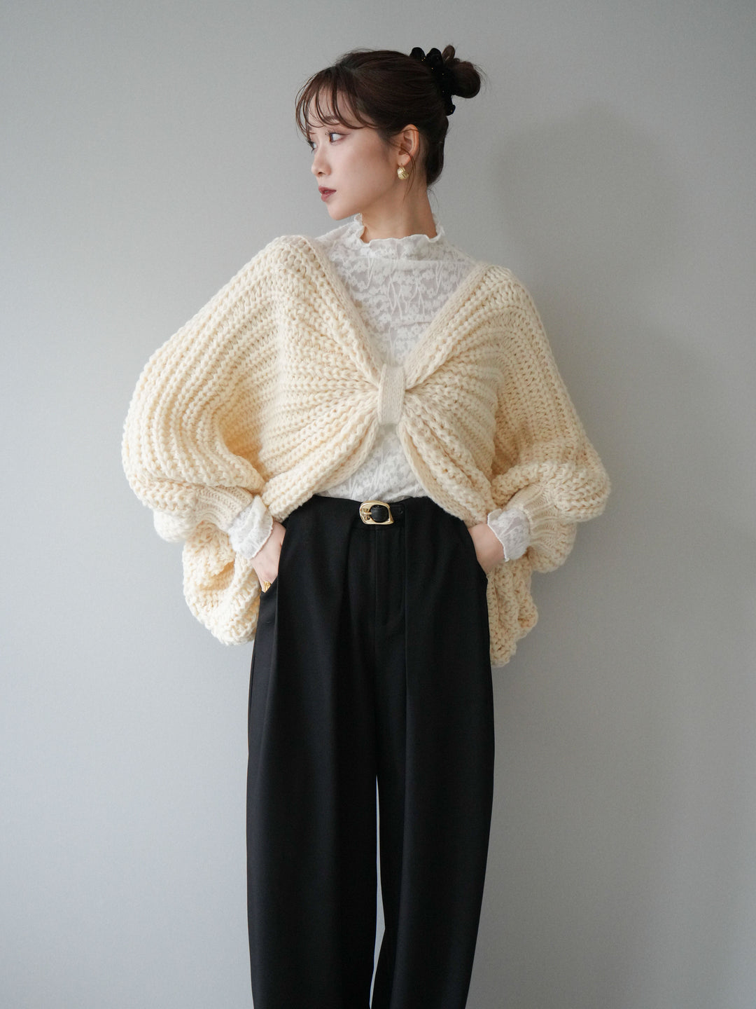 [SET]ローゲージ畦編みドルマンニットボレロ+起毛レースプチネックトップス+ベルトループデザインワイドパンツM(3set)