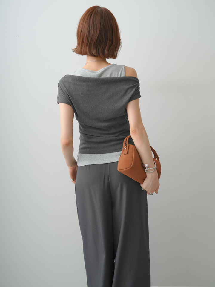 [予約]レイヤードドッキングシアーニットトップス/charcoal