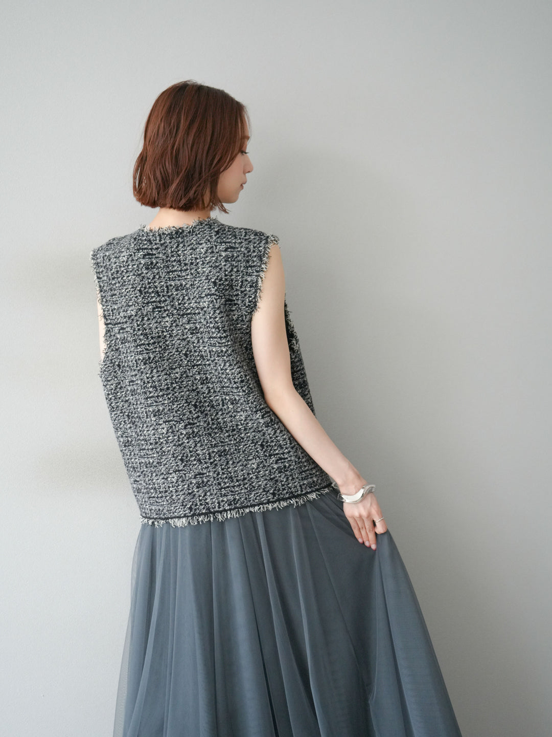 [予約]ミックスツイードフリンジニットベスト/ブラック