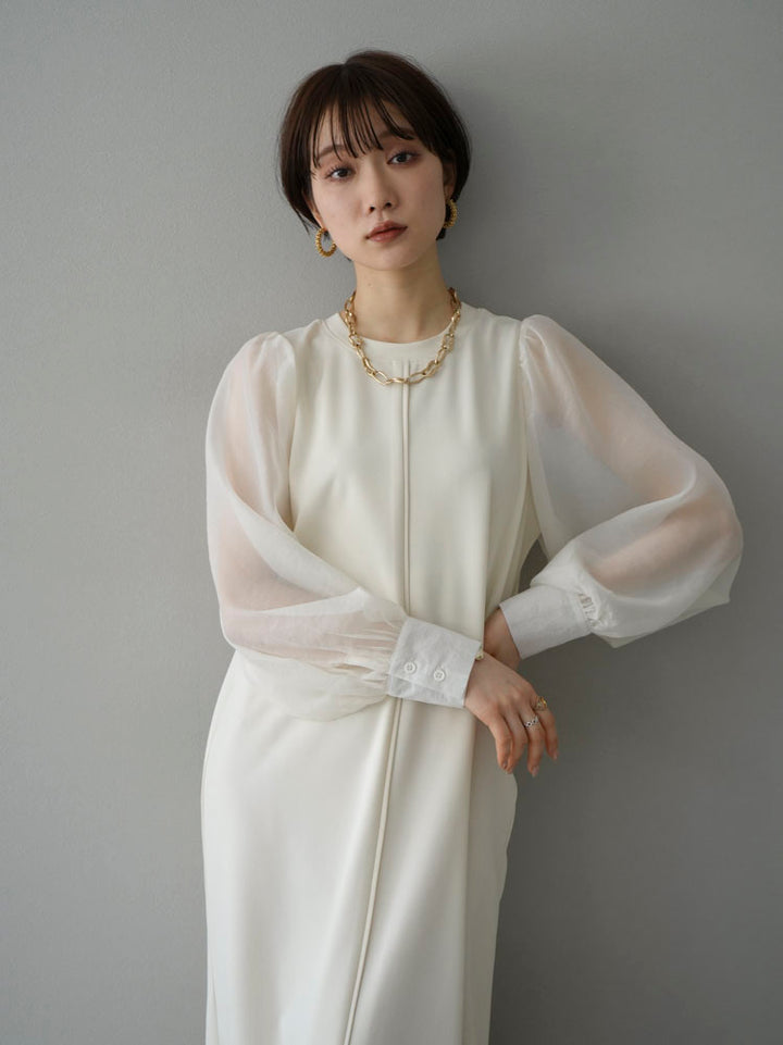 [Pre-order] Cut Georgette Tulle Sleeve Dress/Ivory