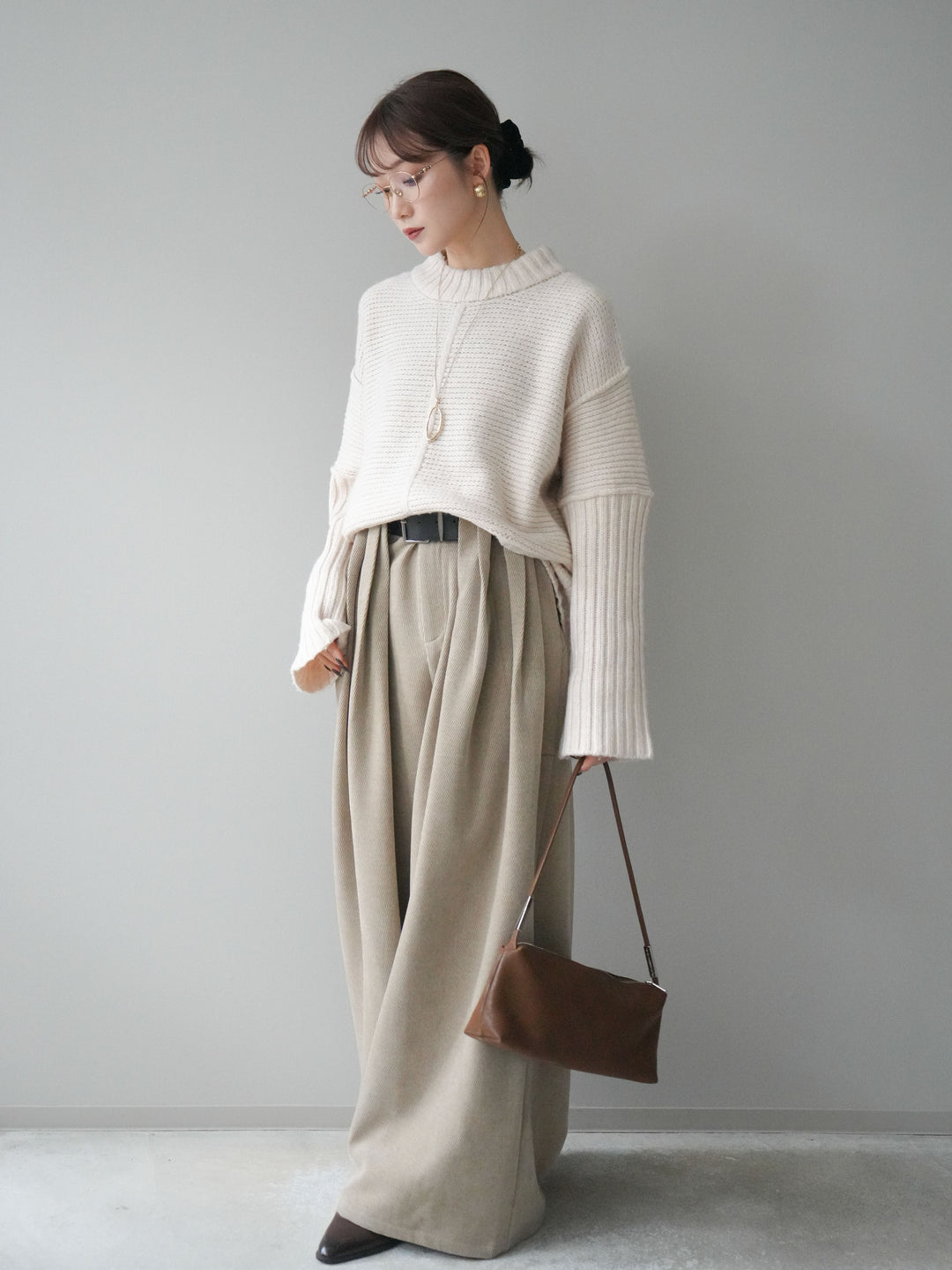 [予約]ベルトデザインループコールテンワイドパンツ(ベルト付き)/beige