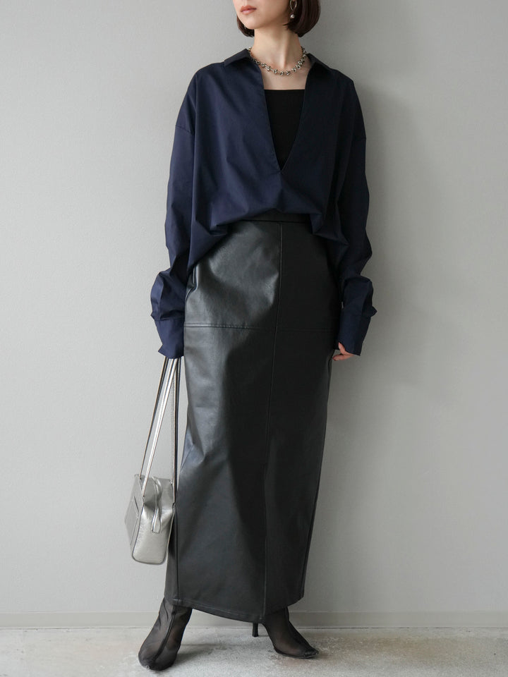 [予約]フェイクレザーフロントスリットスカート/ブラック