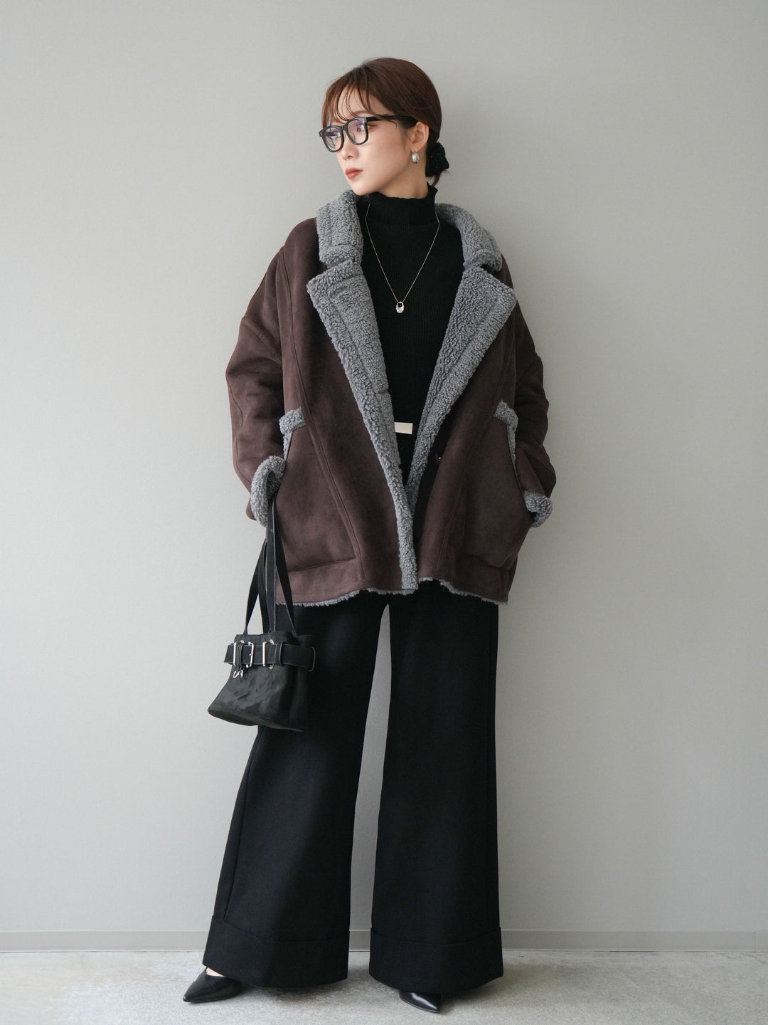 [予約]ベルト付き折り返しコットンツイルワイドパンツ/black