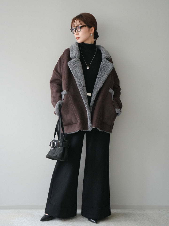 [予約]ベルト付き折り返しコットンツイルワイドパンツ/black