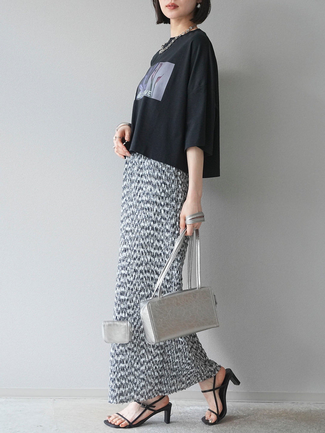 [予約]マルチカラーランダムプリーツタイトスカート/ブラック