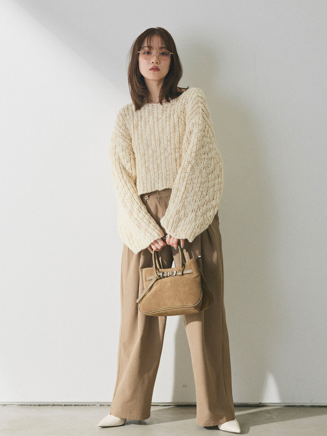 【Allure】[SET]クロップドチャンキースラブニットプルオーバー+アシンメトリーウエストタックパンツ(2set)