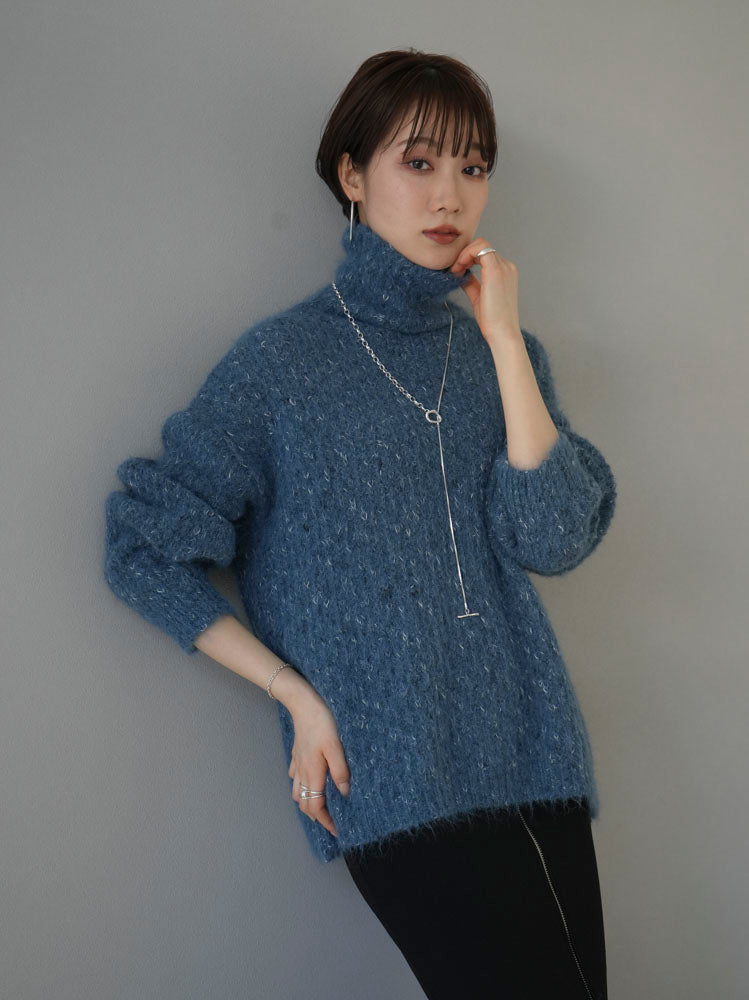 予約]ミックスヤーンハイネックニットプルオーバー/ブルー – Lumier