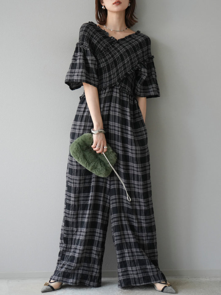 [予約]チェック柄ハーフスリーブシャーリングクロスサロペット/ブラック