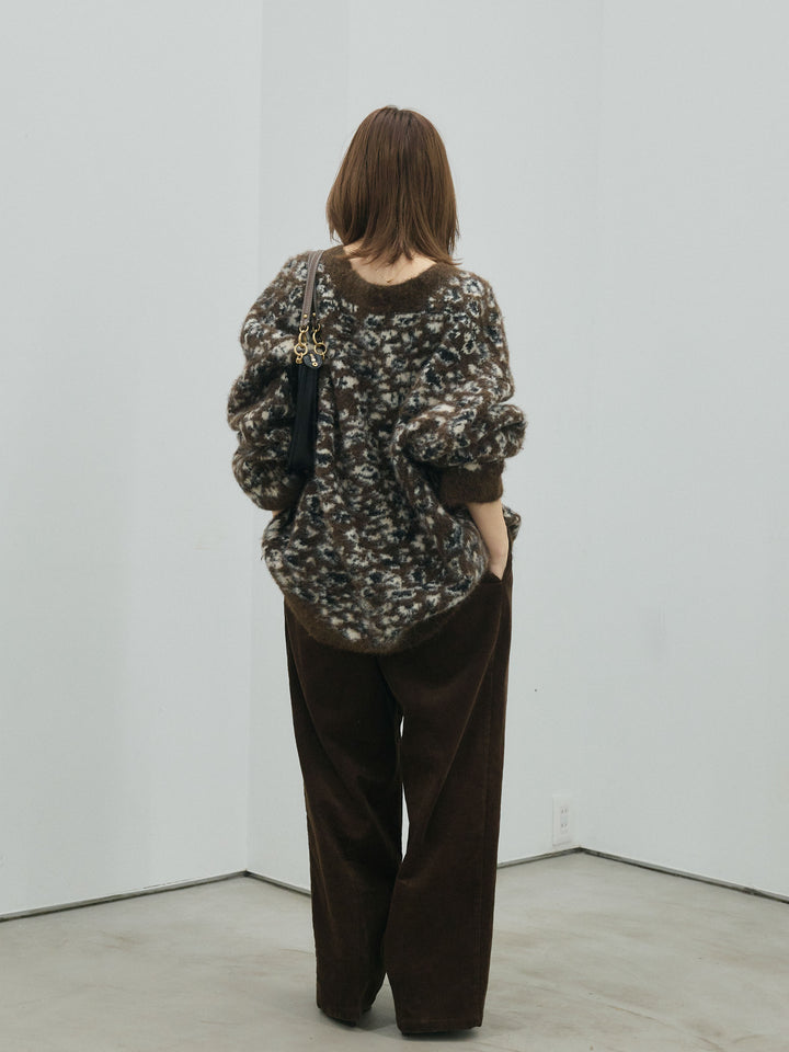 【Allure】[SET]レオパードシャギーニットカーディガン+コーデュロイタックワイドパンツ(2set)