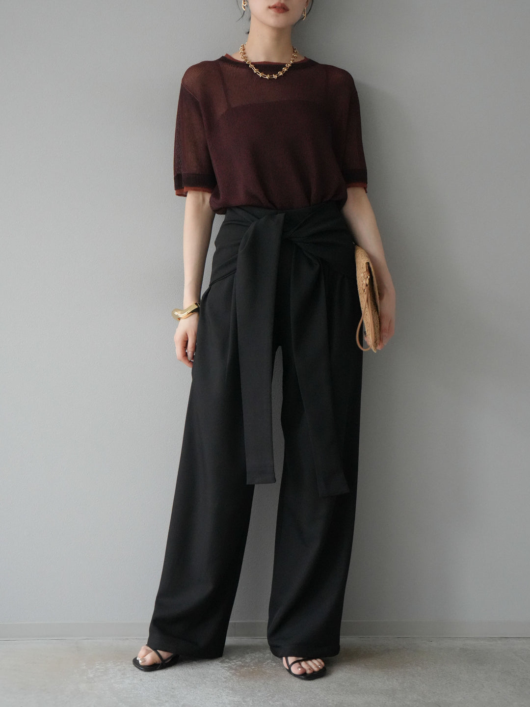 [SET]リネンタッチ配色二重臼ハーフニットトップス+ウエスト巻きデザインワイドパンツ(2set)