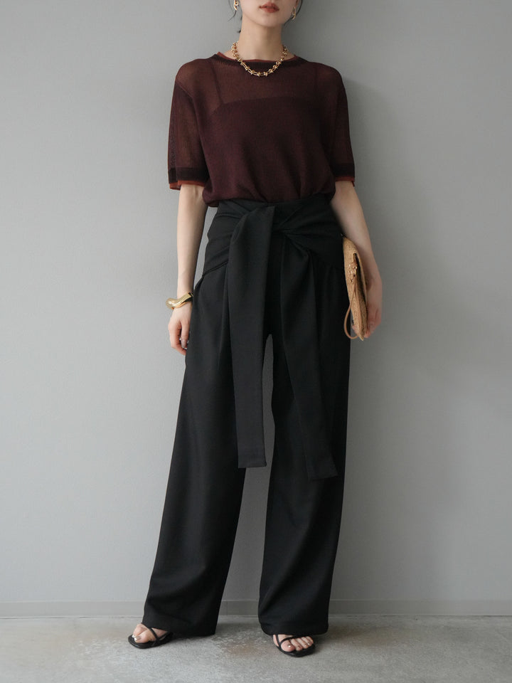[SET]リネンタッチ配色二重臼ハーフニットトップス+ウエスト巻きデザインワイドパンツ(2set)