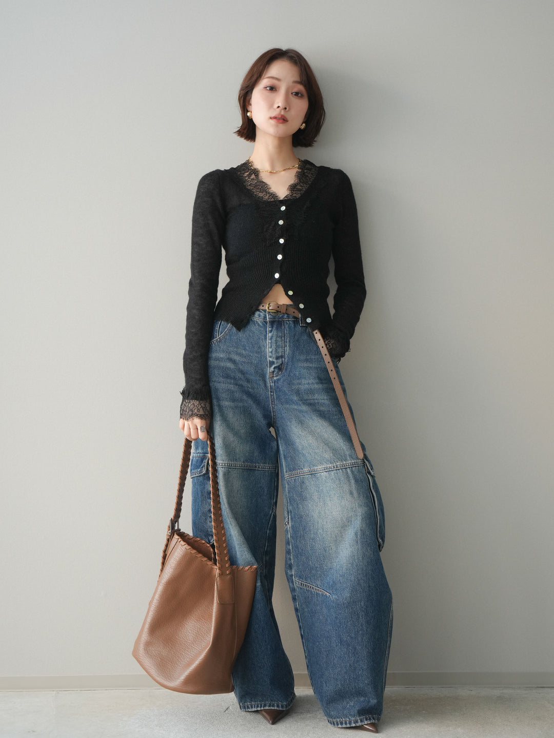 [予約]モヘアタッチレースニットカーディガン/black