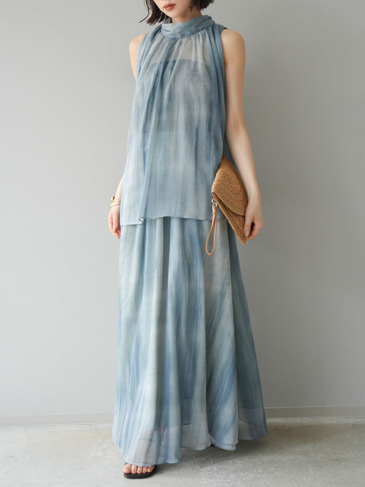 [SET]ニュアンスシアーホルターネックブラウス+ニュアンスシアーフレアスカート(2set)