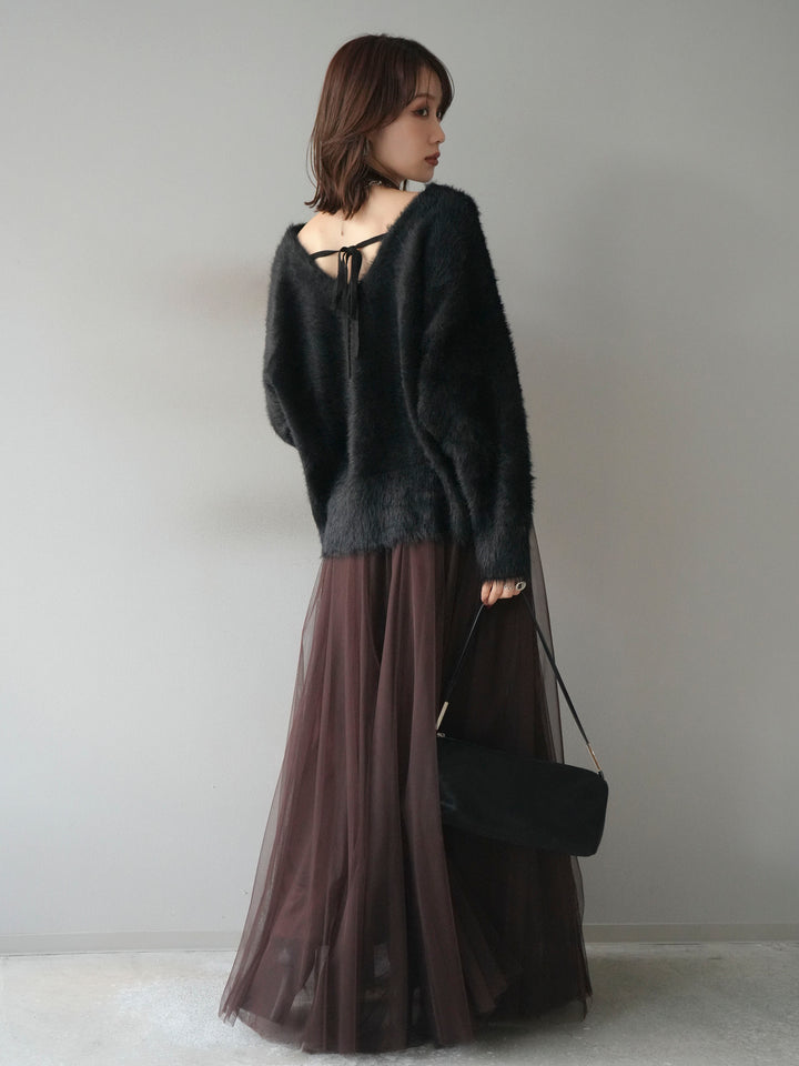 [SET]バックリボンVネックシャギーニットプルオーバー+チュールボリュームスカート(2set)