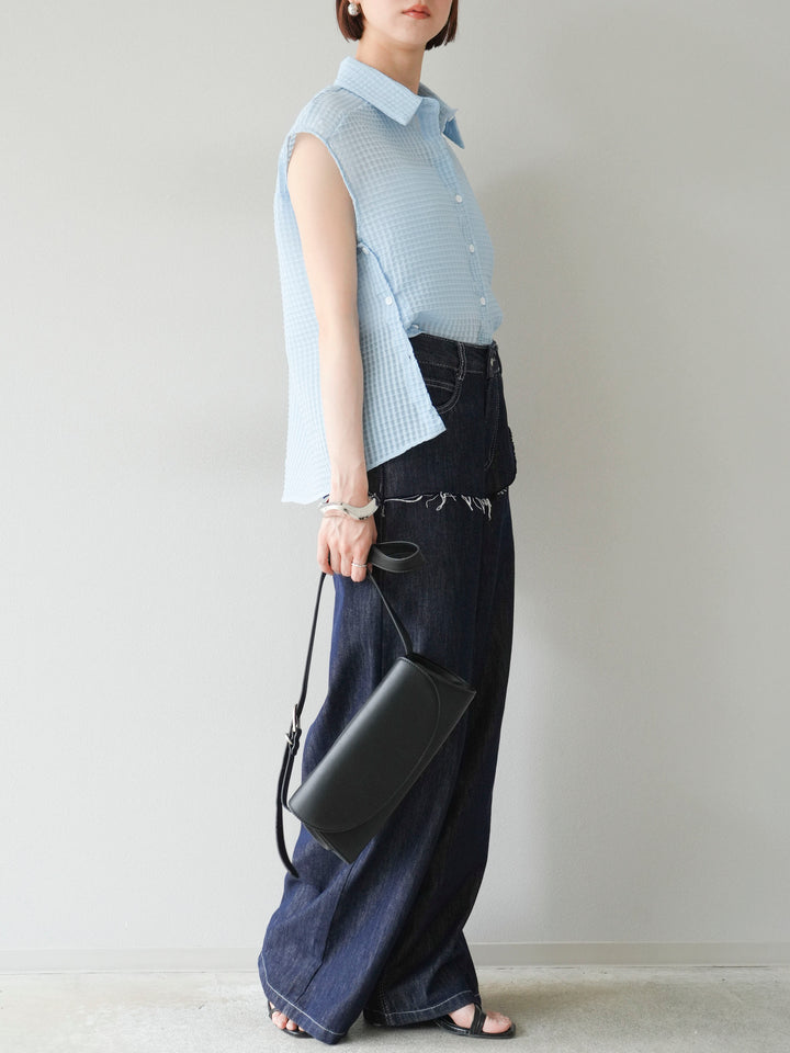 [SET] 透視格紋無袖襯衫 + 臀部設計牛仔褲（2 套）