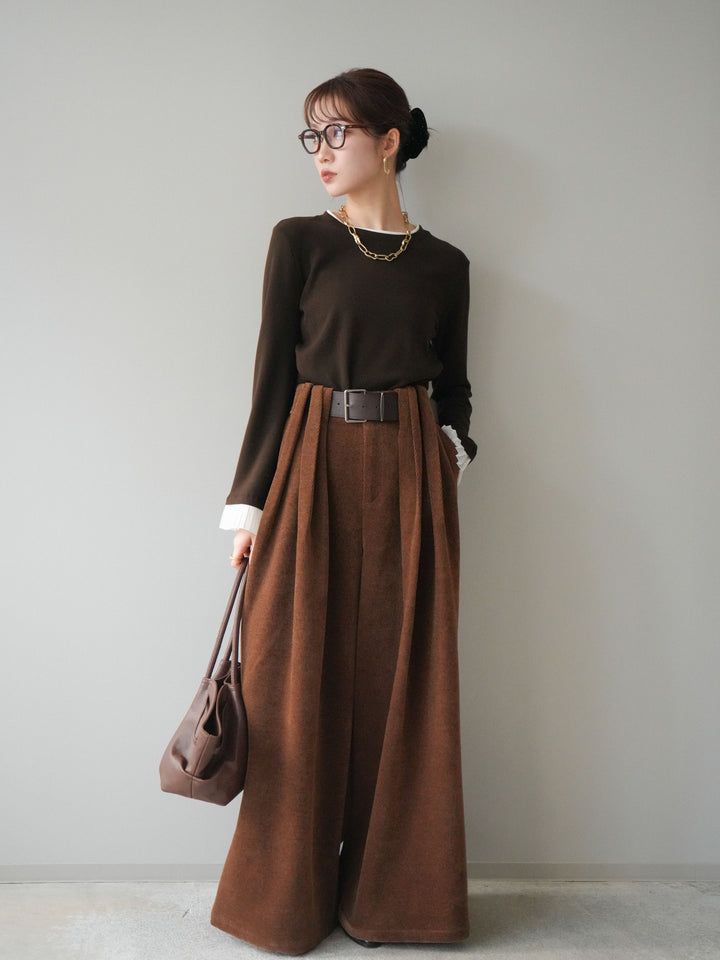 [SET]袖プリーツ配色レイヤードトップス+ベルトデザインループコールテンワイドパンツ(ベルト付き)(2set)