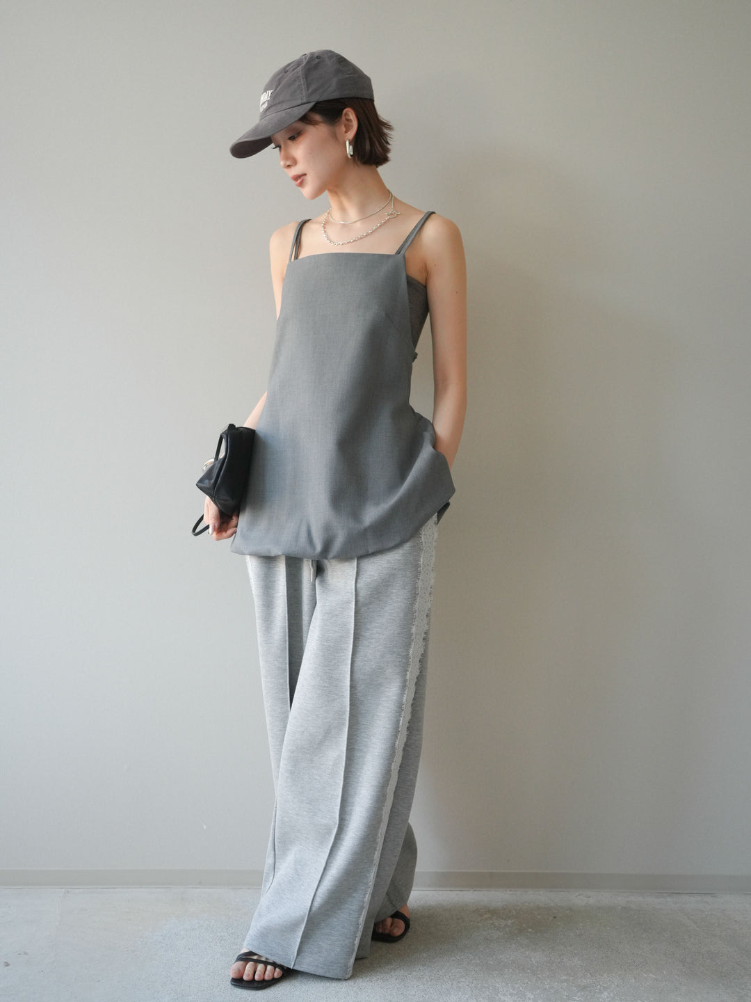 [SET]バックリボンバルーンチュニックキャミ+サイドレースポンチワイドパンツ(2set)