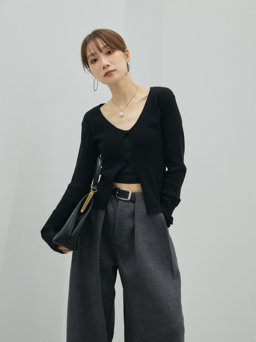 【Allure】[SET]フロントツイストリブニットトップス+ループデザインツイルワイドパンツ(2set)