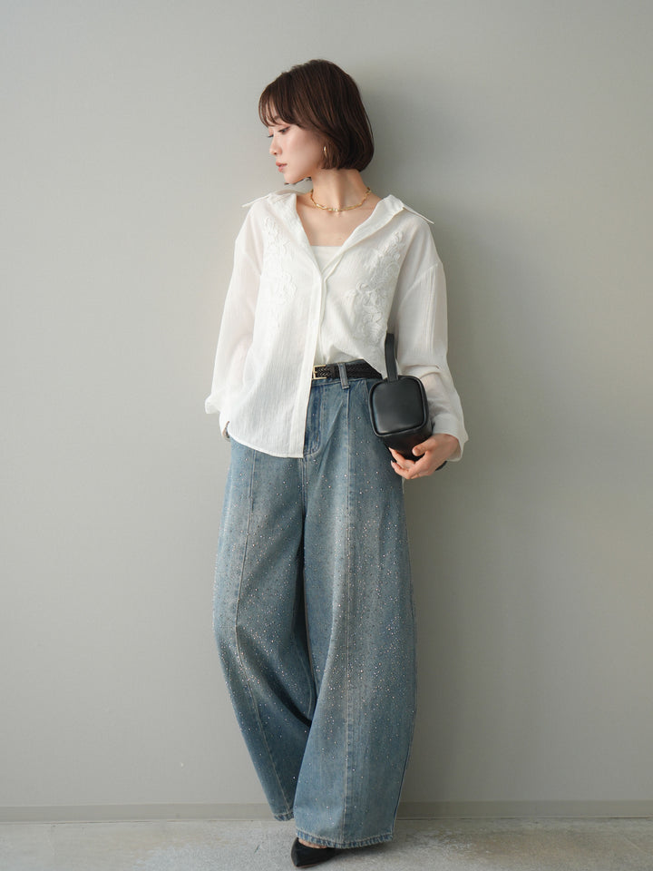 [SET]楊柳刺繍ブラウス+フロントビジューカーブデニムパンツ(2set)