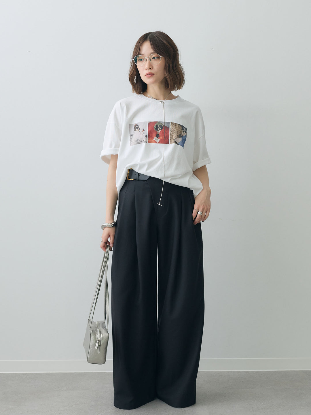 [SET]スリードッグフォトボックスTEE+アシンメトリーベルトタックワイドパンツ(2set)