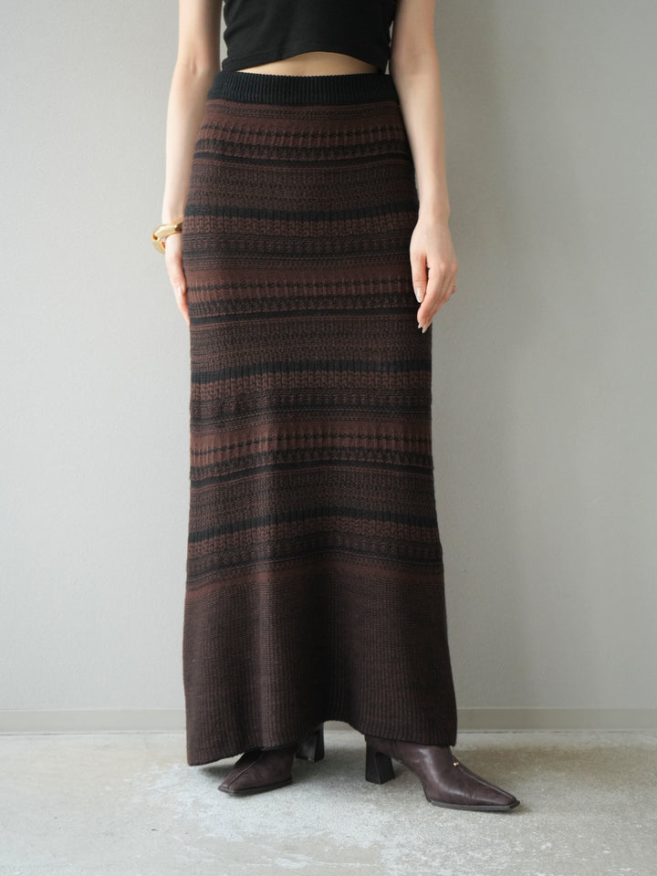 [予約]ガーター編みニットロングスカート/ブラウン×ブラック
