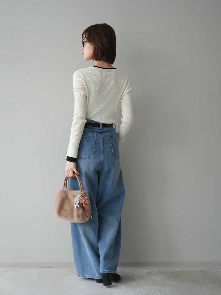 [SET]バイカラーキーネックリブニットトップス+ハイウエストベルトループデザインデニムパンツ(2set)