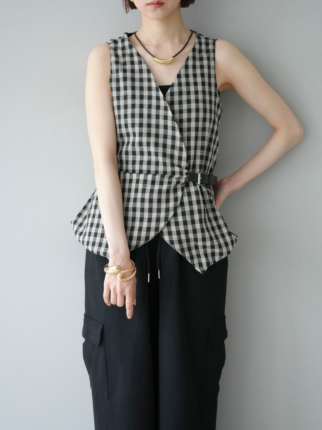 [予約]ベルトデザインバルーンブラウス/チェック