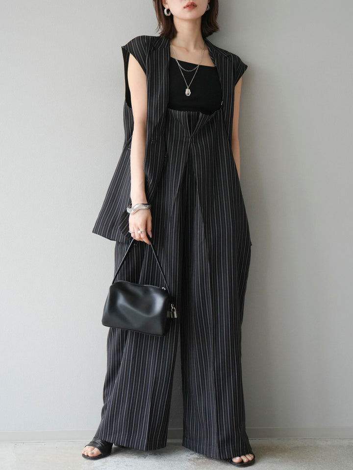 【着回しセット】[SET]ヘリンボーンストライプジレ+シアー切替ベロアトップス+ヘリンボーンストライプサロペット(3set)