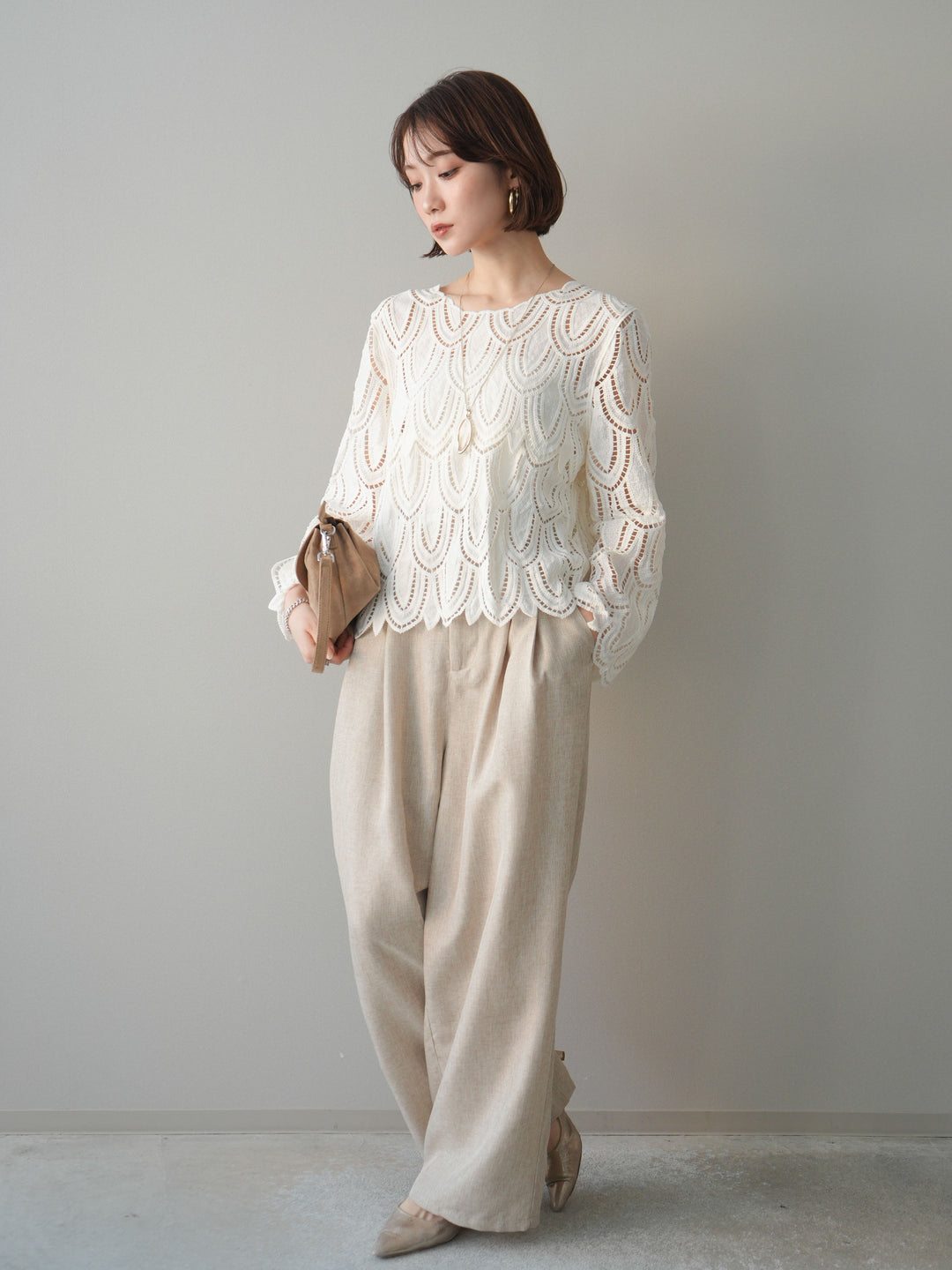 [予約]リネンライクタックワイドパンツ/oatmeal