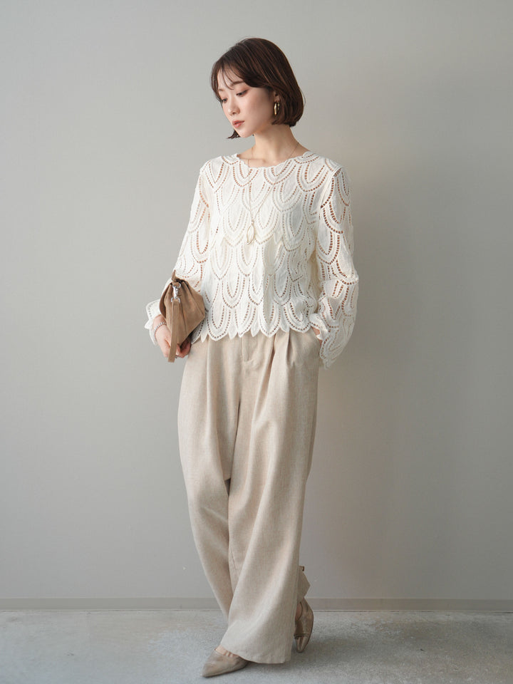 [予約]リネンライクタックワイドパンツ/oatmeal