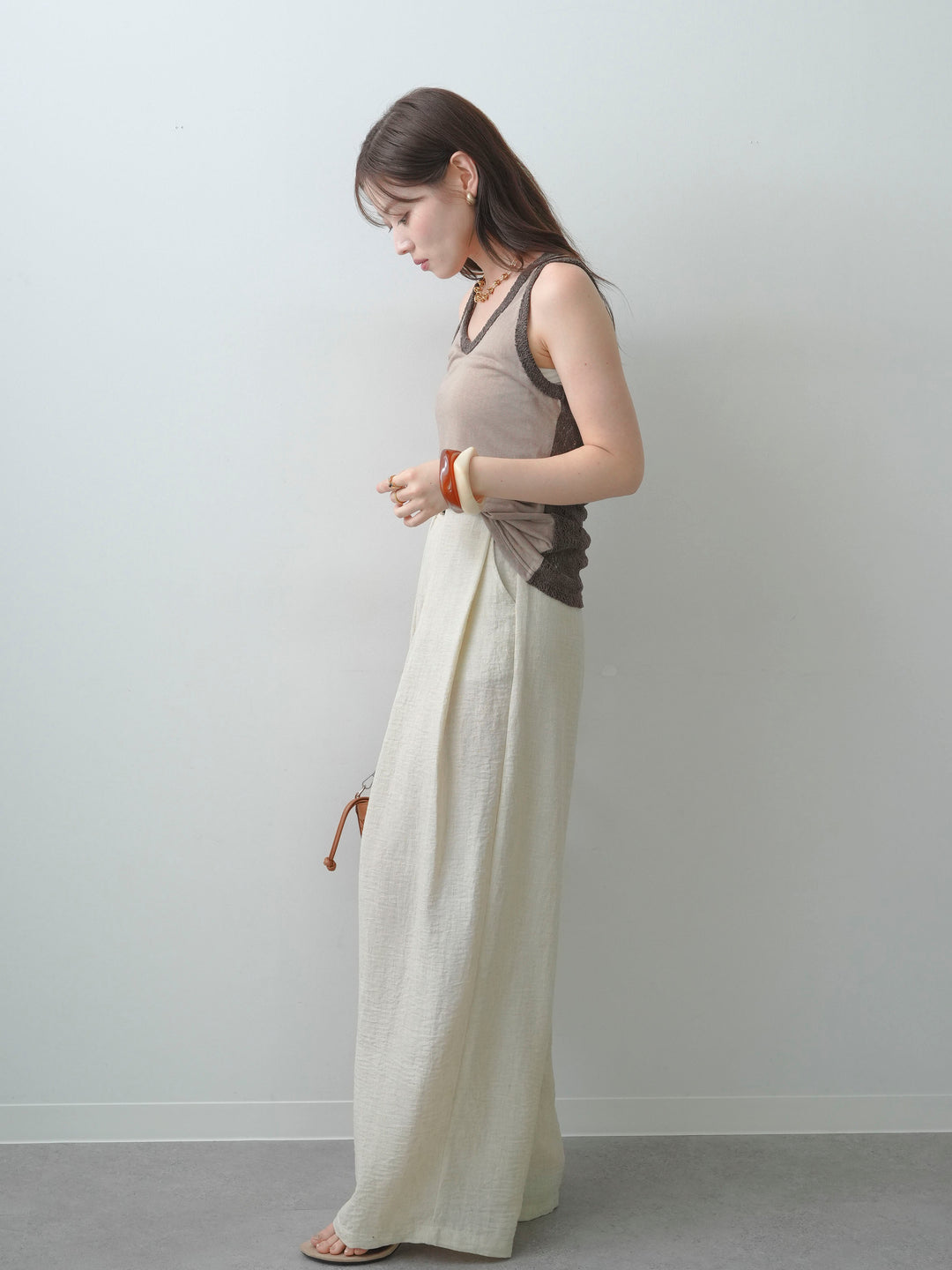 [SET]バックレースタンクトップ+リネンライクベルトループワイドパンツ(2set)