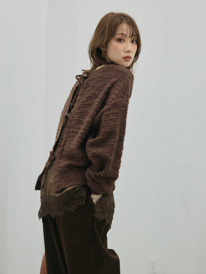 【Allure】[SET]バックリボンニュアンスブークレニットプルオーバー+コーデュロイタックワイドパンツ(2set)