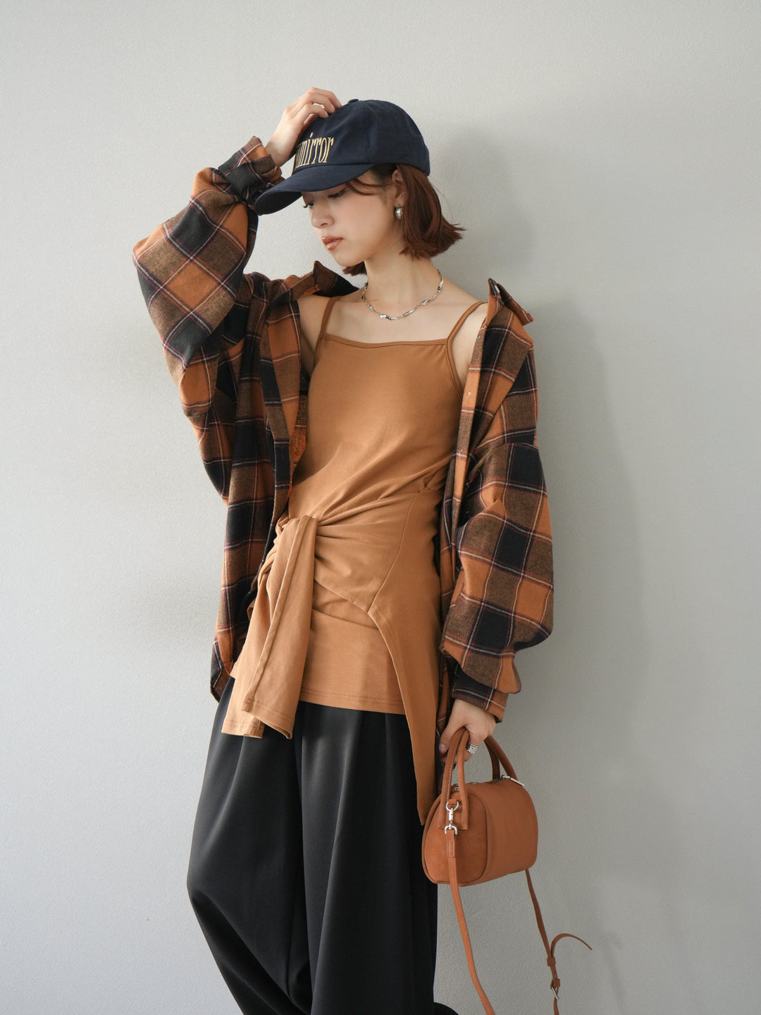 [予約]カップ付キャミ付チェックシャツチュニック/ブラウン