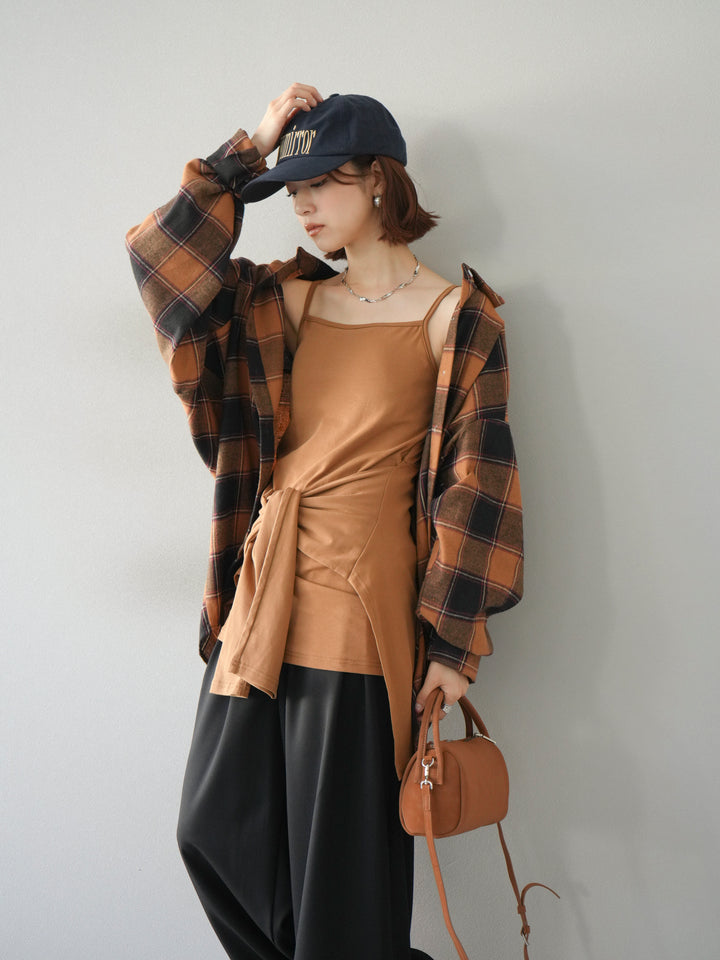 [予約]カップ付キャミ付チェックシャツチュニック/ブラウン