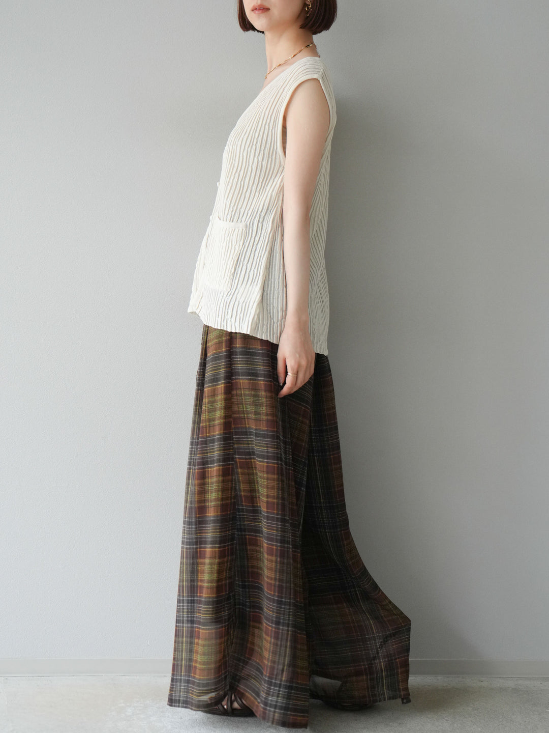 [預購] 透視格紋寬鬆褲/棕色