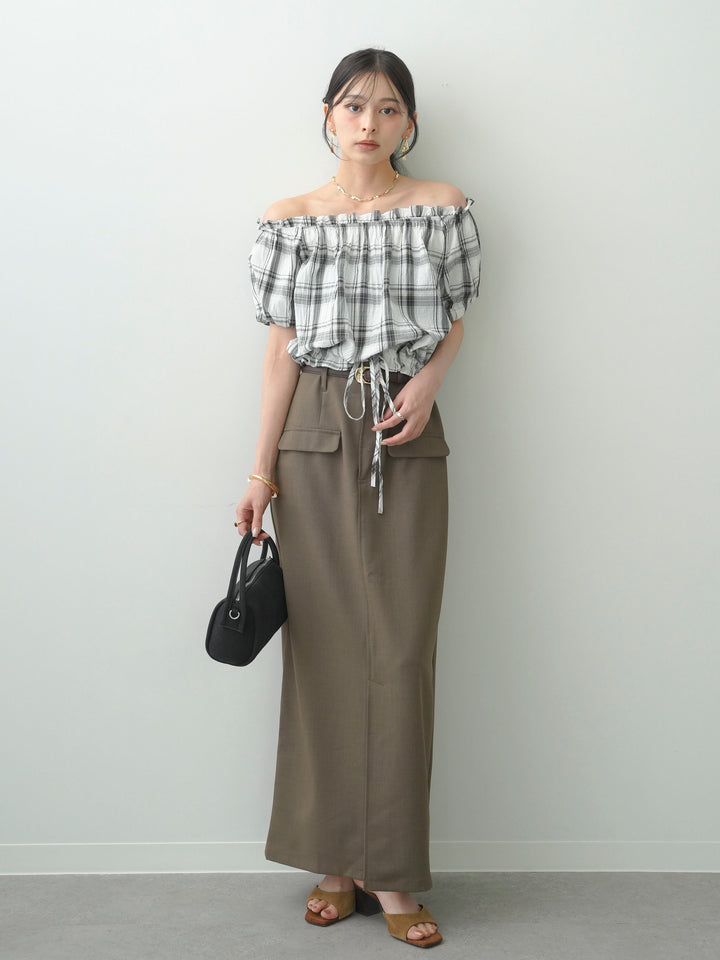[SET]チェックギャザーオフショルトップス+クレープデシンフラップ付きストレートスカート(2set)