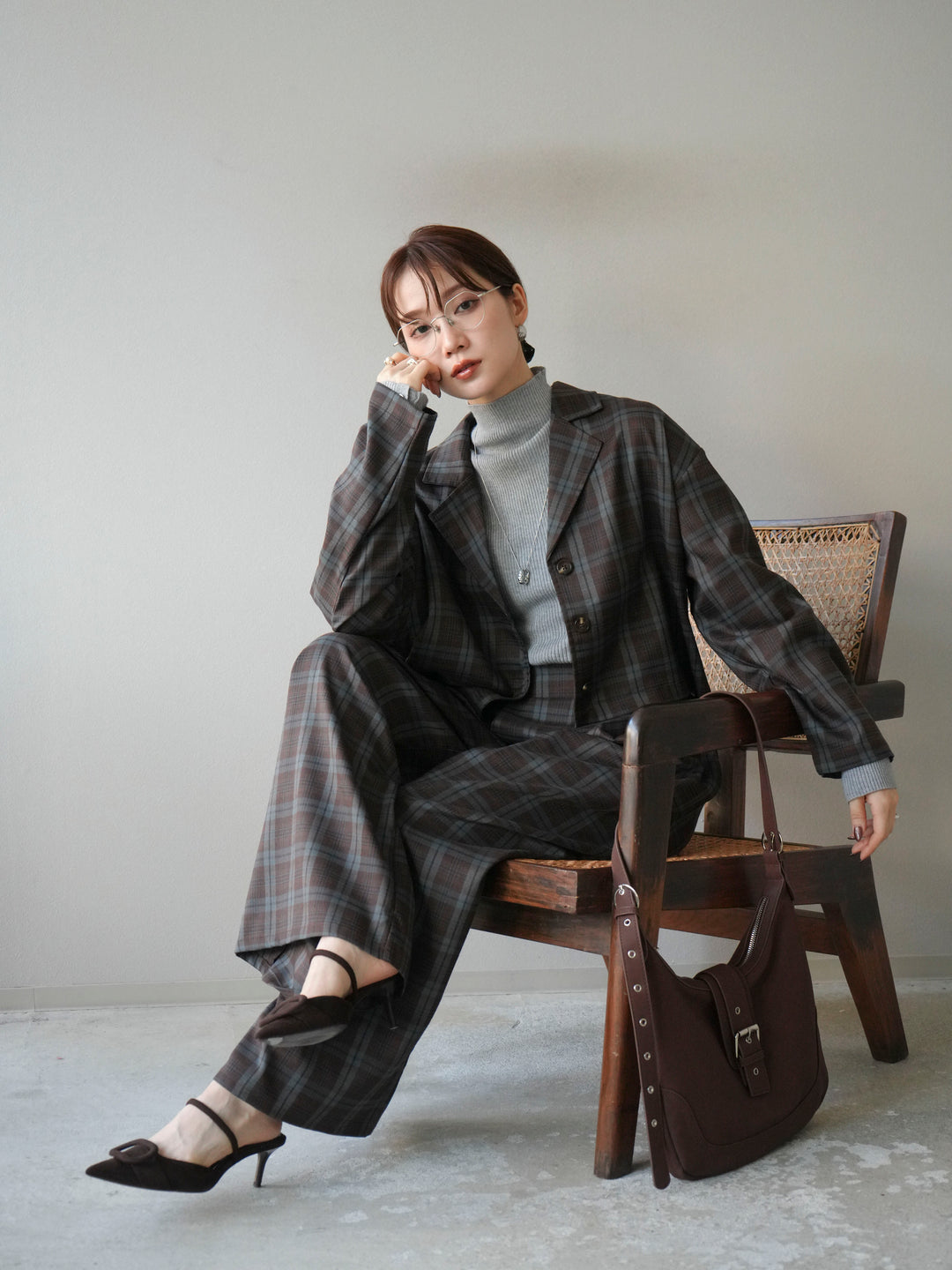 [予約]チェック柄ショートジャケット/ブラウン