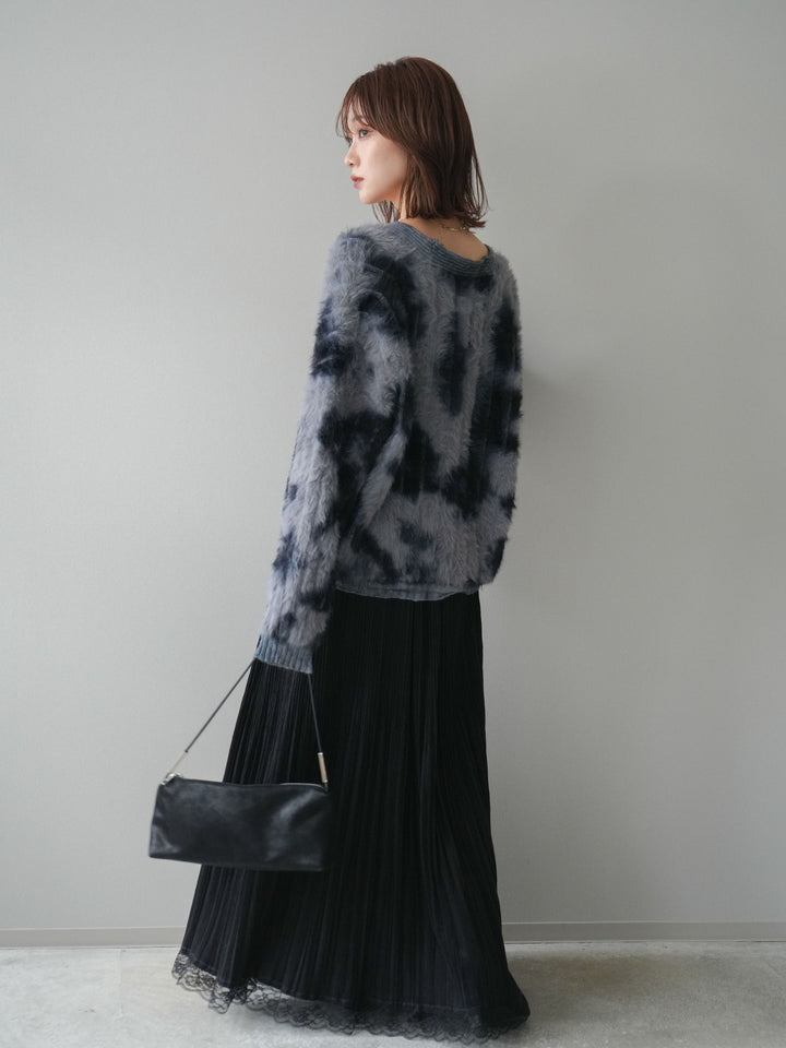 [SET]ニュアンス柄シャギーニットカーディガン+裾レーススウェードプリーツマキシスカート(2set)