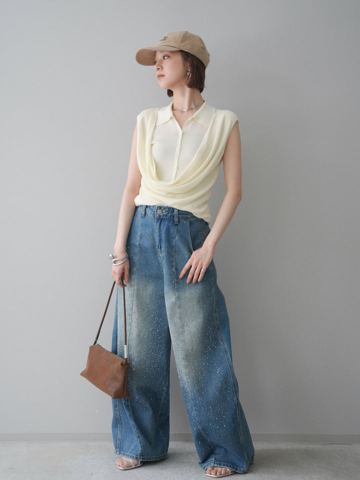 [SET]ノースリーブドレープニットトップス+フロントビジューカーブデニムパンツ(2set)