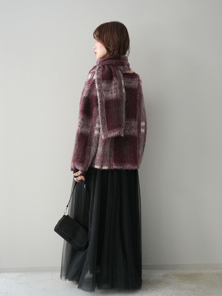 [SET]ストール付シャギーチェックニットプルオーバー+チュールボリュームスカート(2set)
