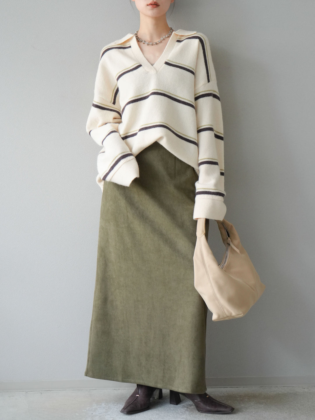 [SET]ポロ襟スキッパーボーダーニットプルオーバー+スウェードIラインスカート(2set)
