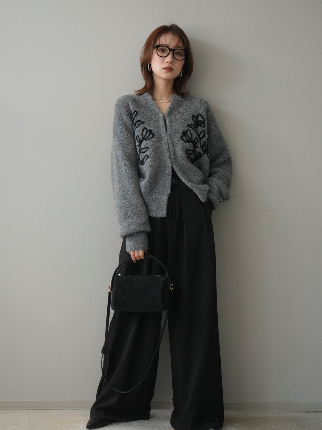 [SET]テープ刺繍ホック開きブークレニットカーディガン+ベルトループデザインワイドパンツ(2set)