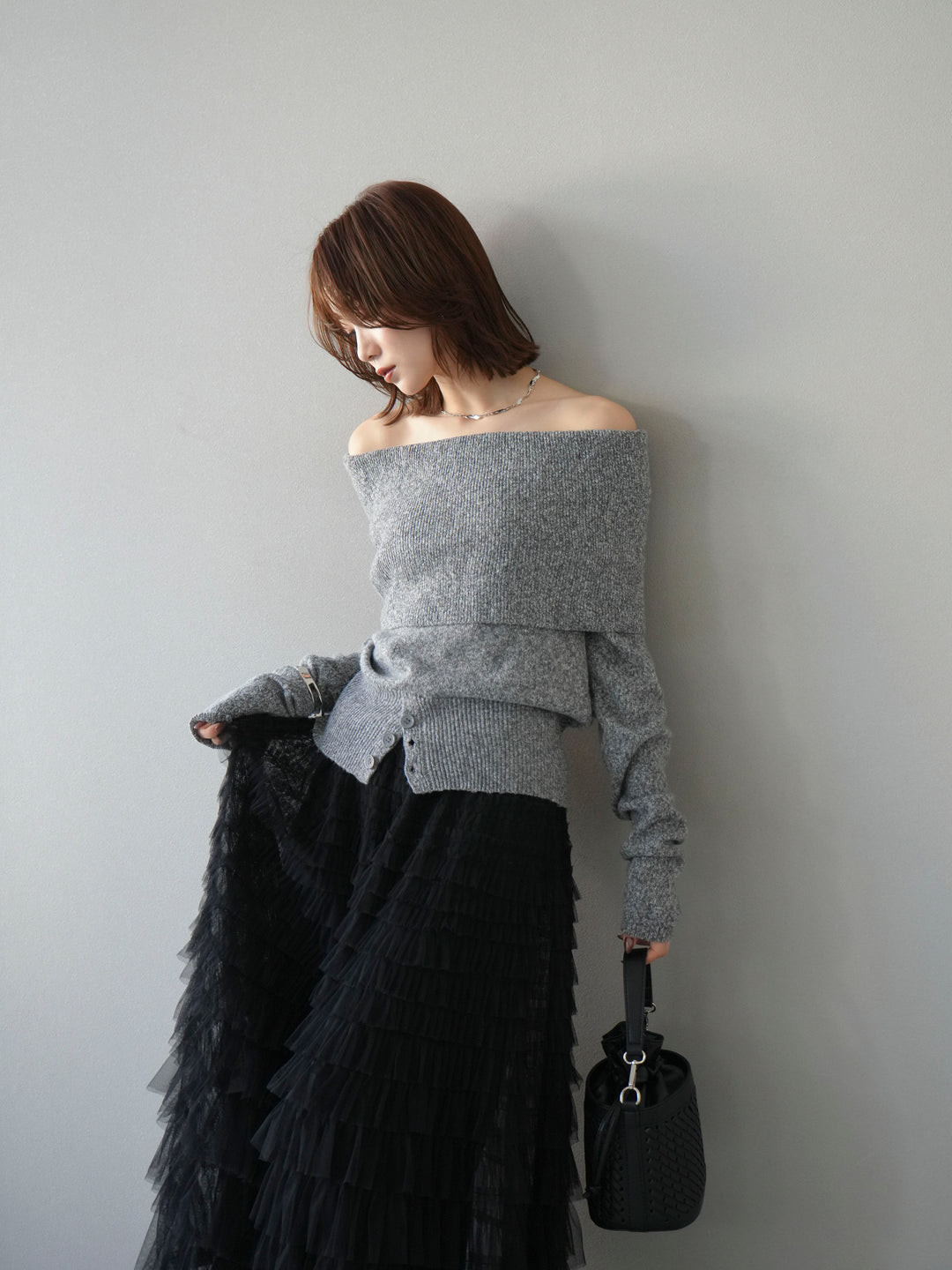 [予約]ミックスヤーンオフショルニットプルオーバー/グレー