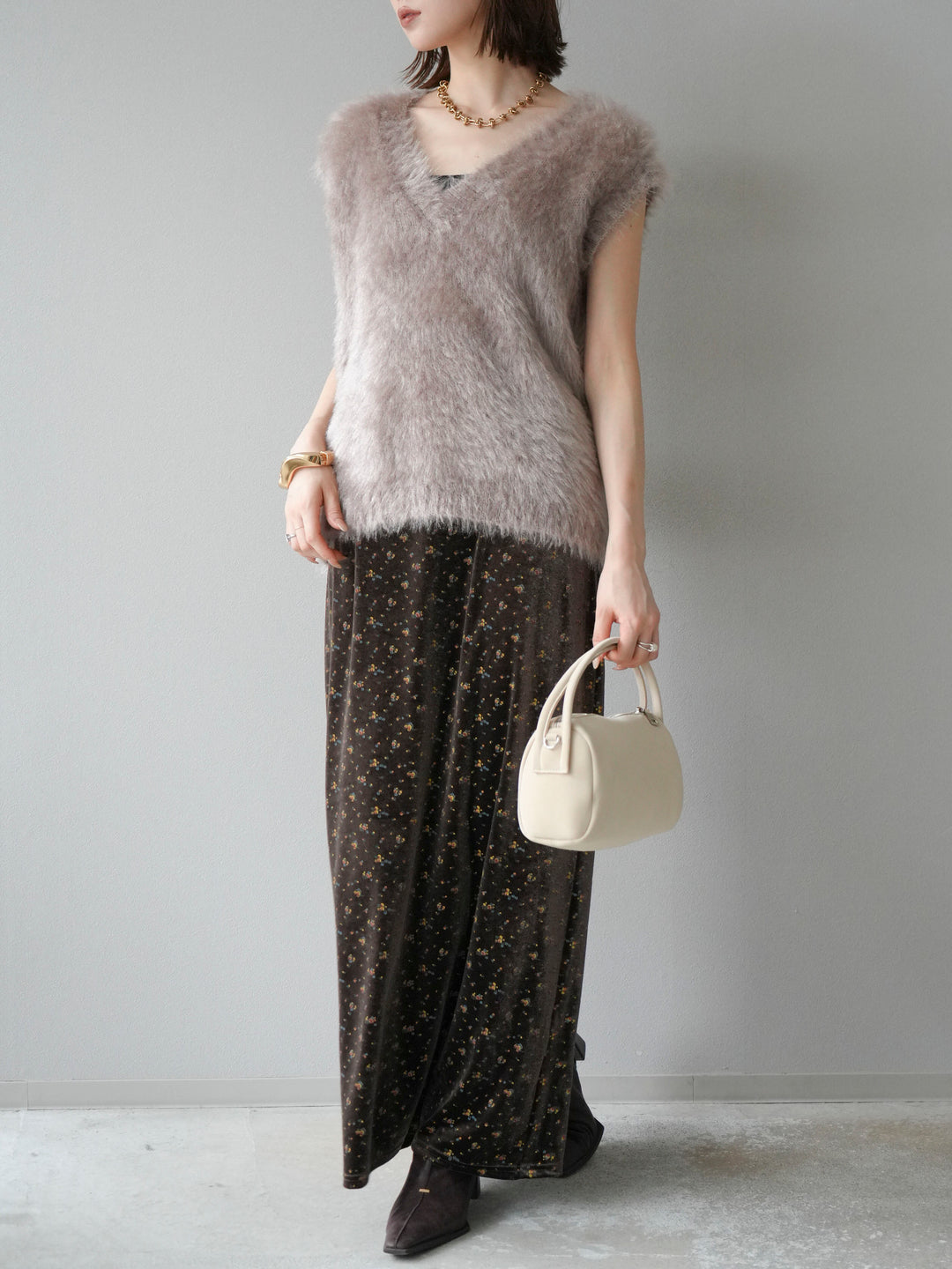 [予約]ベロアフラワープリントIラインスカート/ブラウンxイエロー