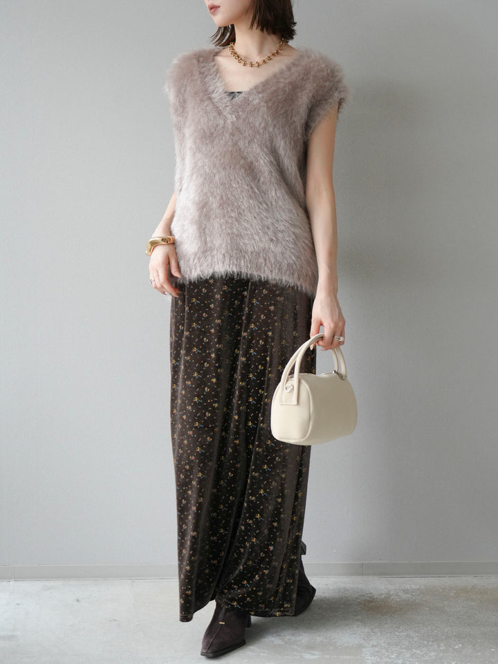 [予約]ベロアフラワープリントIラインスカート/ブラウンxイエロー