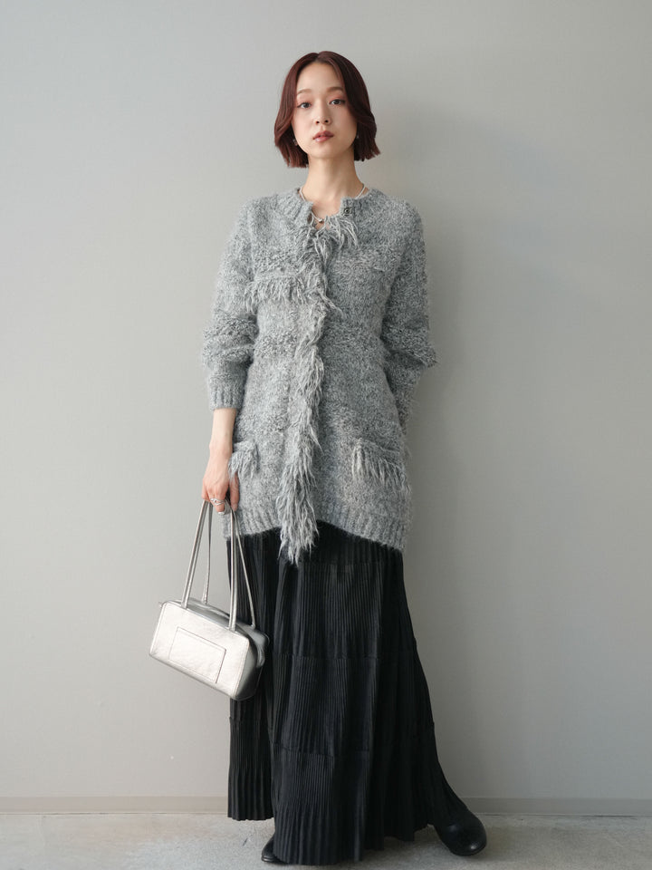 [SET]ミックスヤーンフリンジデザインニットジャケット+型押しスエードティアードプリーツスカート(2set)