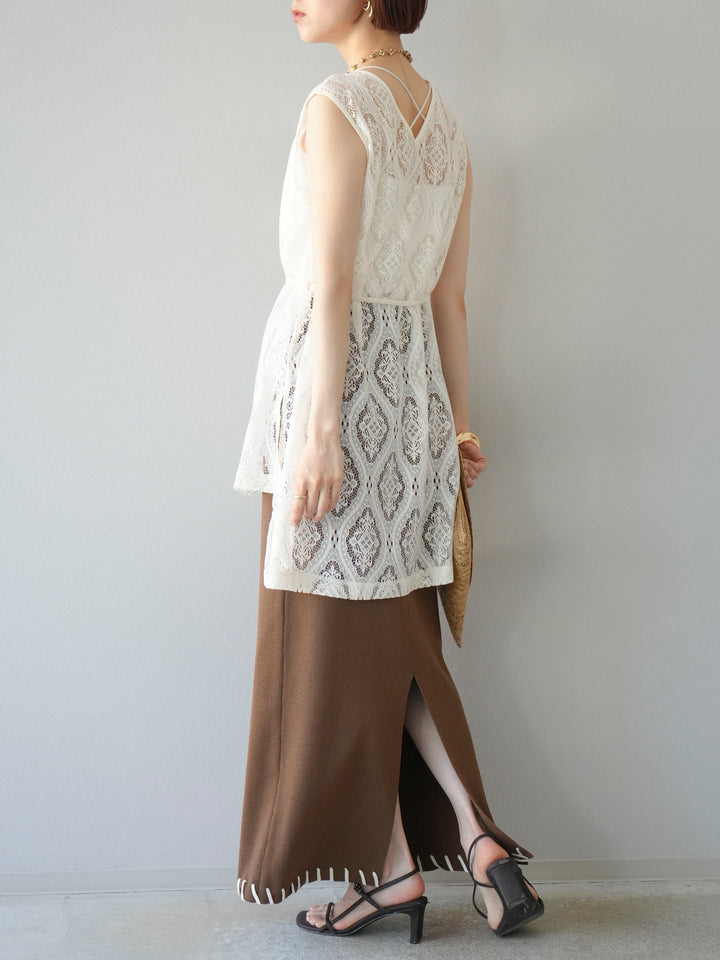 [予約]リネンタッチハンドステッチニットタイトスカート/モカ