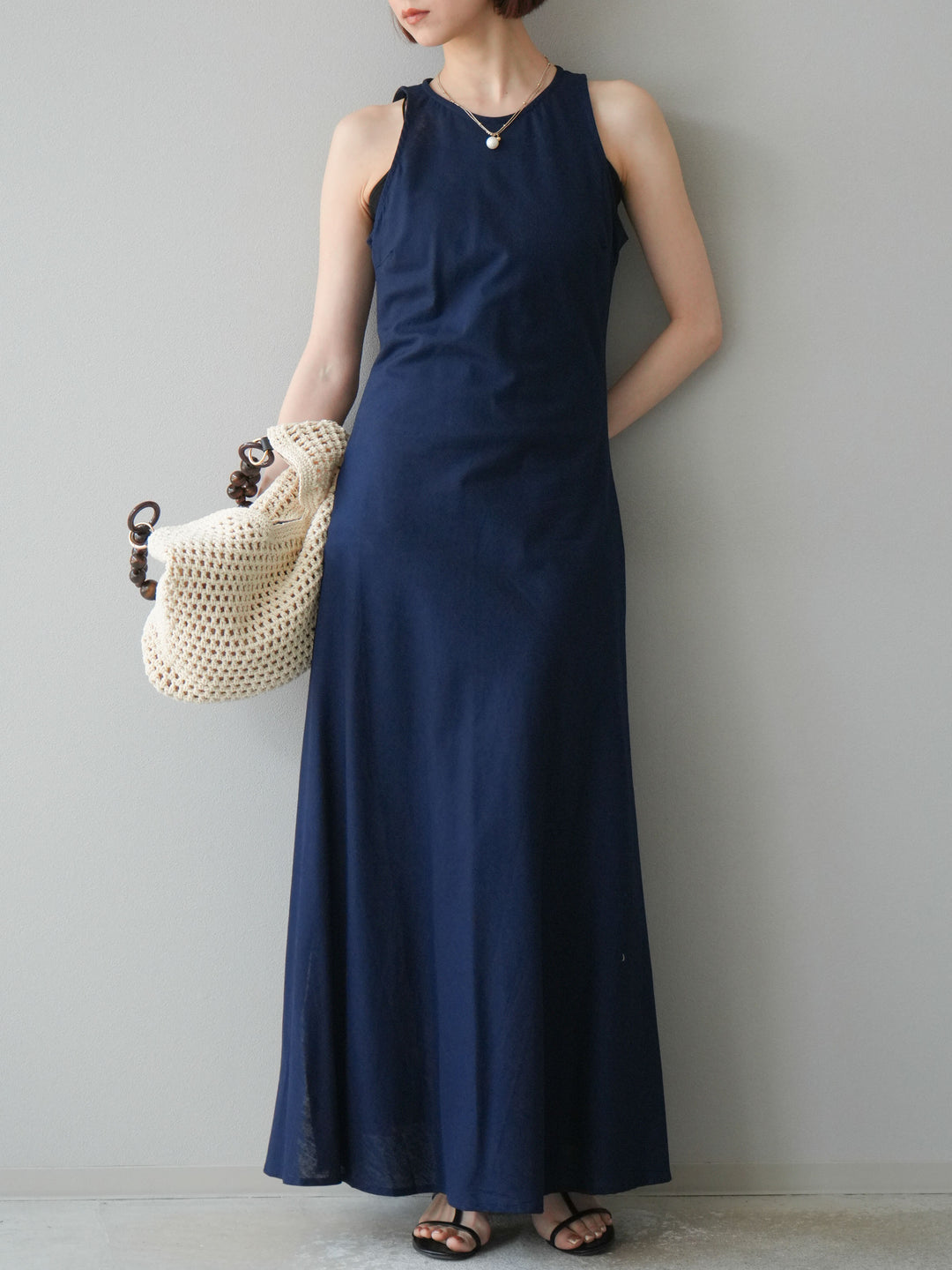 [予約]リネンタッチノースリーブワンピース/ネイビー